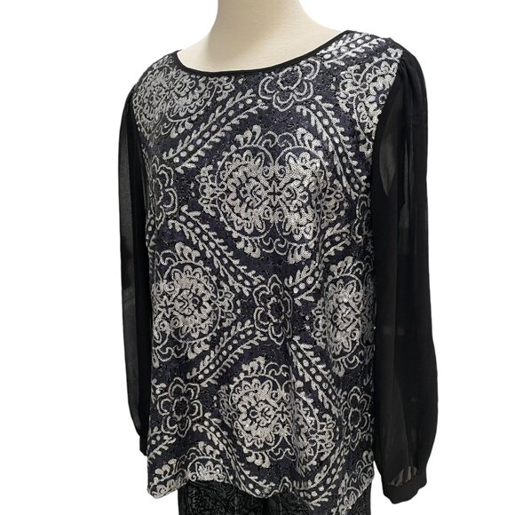 M&Co Black & Silver Sequin Sheer Back Top 12 Evening Party Glam Holiday Cocktail - Picture 9 of 11